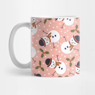 Snowmen and Holly - white, green and red on pink Mug